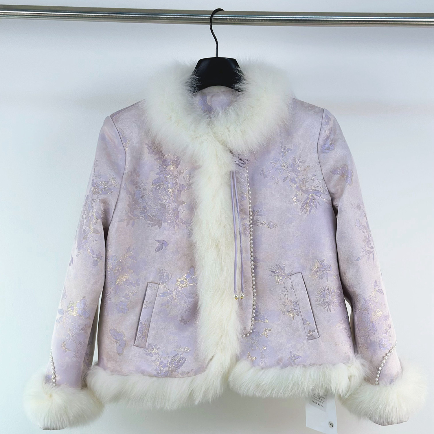 新中式国风狐狸毛拼接羽绒服女2025冬缎面提花90白鸭绒保暖短外套,女装/女士精品,短外套,淘宝优惠券,粉丝福利购,淘宝优惠卷