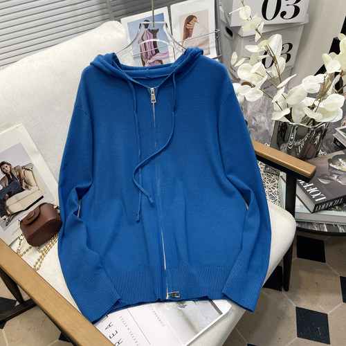 大码女克莱因蓝连帽针织毛衣开衫