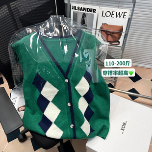 高级感菱格v领宽松针织衫 胡子叔大码 新款 马甲背心外套春季 潮 女装