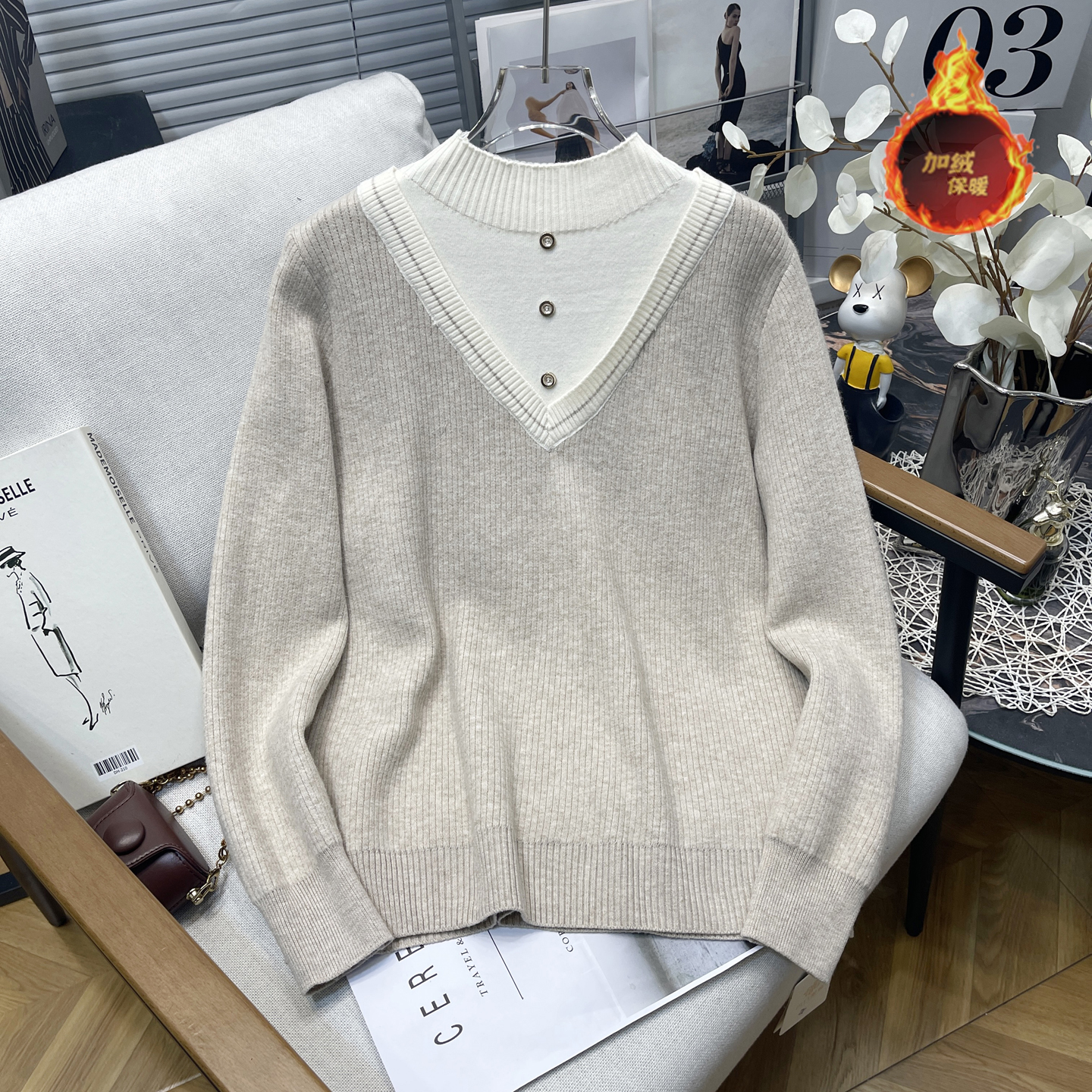 大码女装半高领加厚一体绒毛衣女