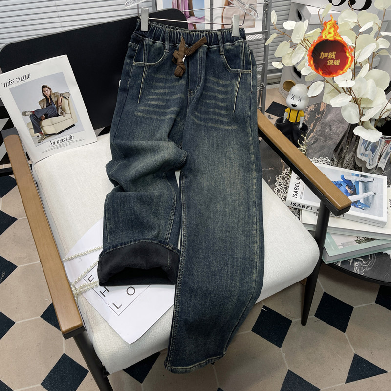 胡子叔大码女装松紧腰直筒牛仔裤秋冬加绒高腰显瘦宽松遮肉哈伦裤,女装/女士精品,大码裤装,淘宝优惠券,粉丝福利购,淘宝优惠卷