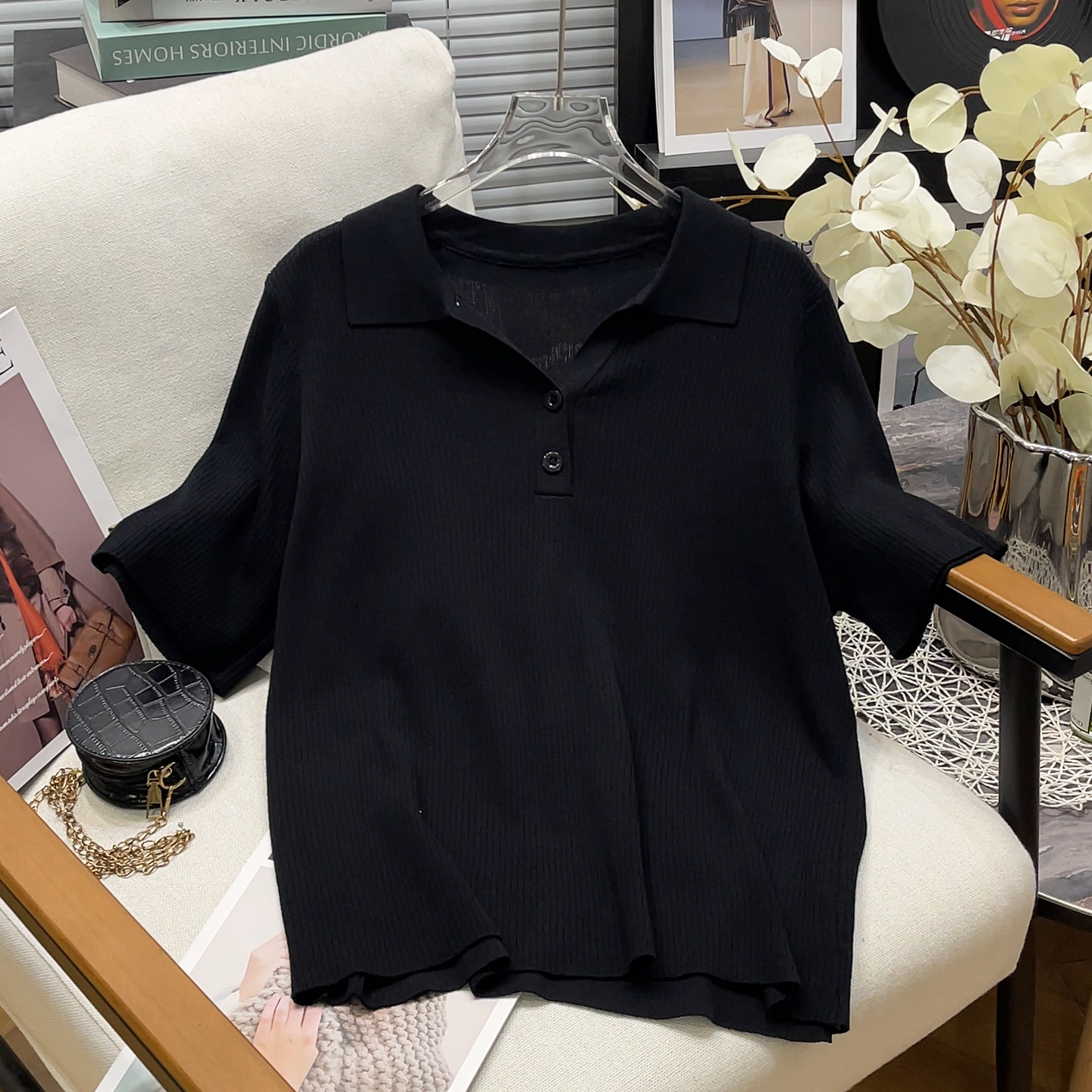 韩系减龄正肩翻领短袖针织衫女夏季大码胖mm显瘦polo领简约上衣