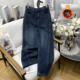女装 冬季 深蓝色阔腿牛仔裤 胡子叔大码 女胖mm加绒加厚复古直筒裤 子
