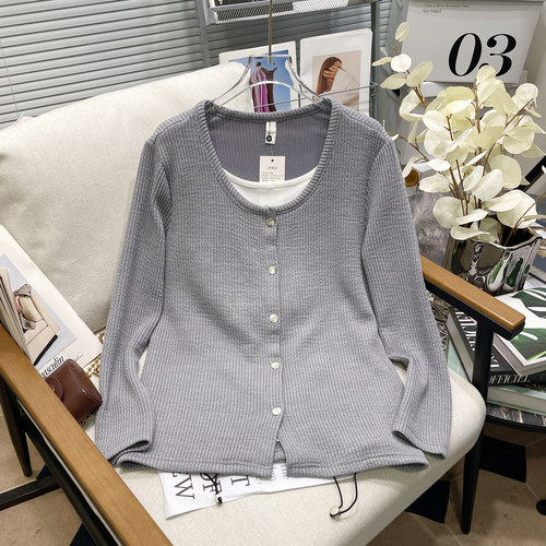 大码复古假两件休闲针织开衫外套