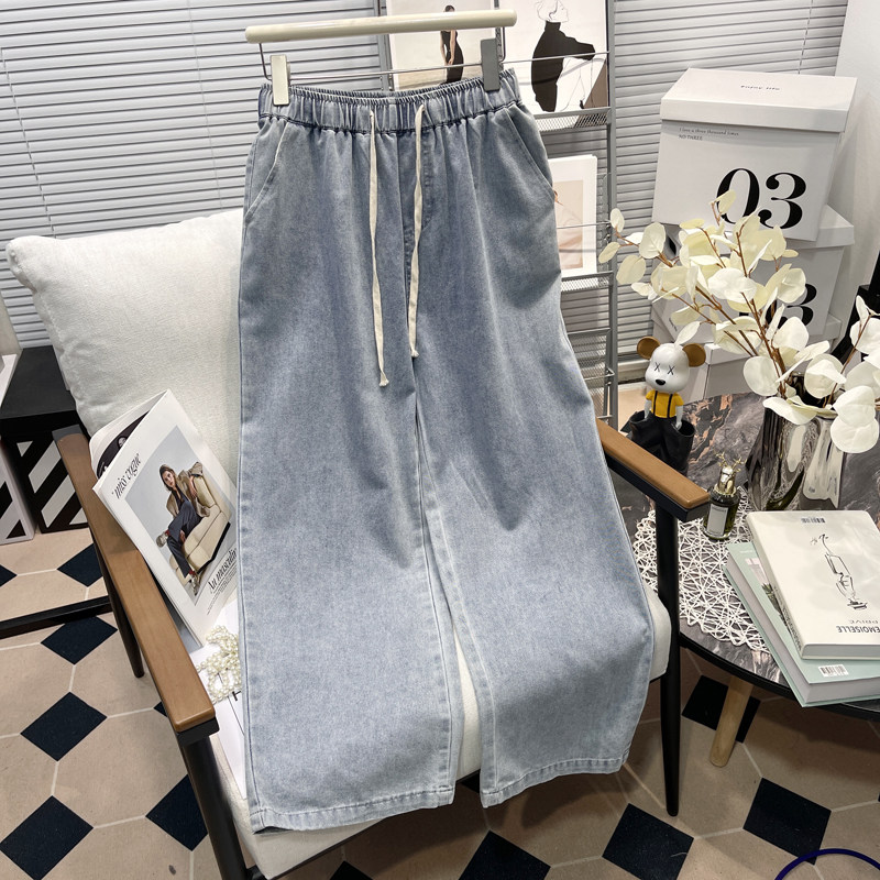 胡子叔大码胖mm春装阔腿裤系带高腰松紧腰宽松休闲遮肉直筒牛仔裤,女装/女士精品,大码裤装,淘宝优惠券,粉丝福利购,淘宝优惠卷