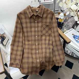 胖mm韩版 女春秋新款 遮肚子百搭衬衣 流行色宽松格子衬衫 胡子叔大码