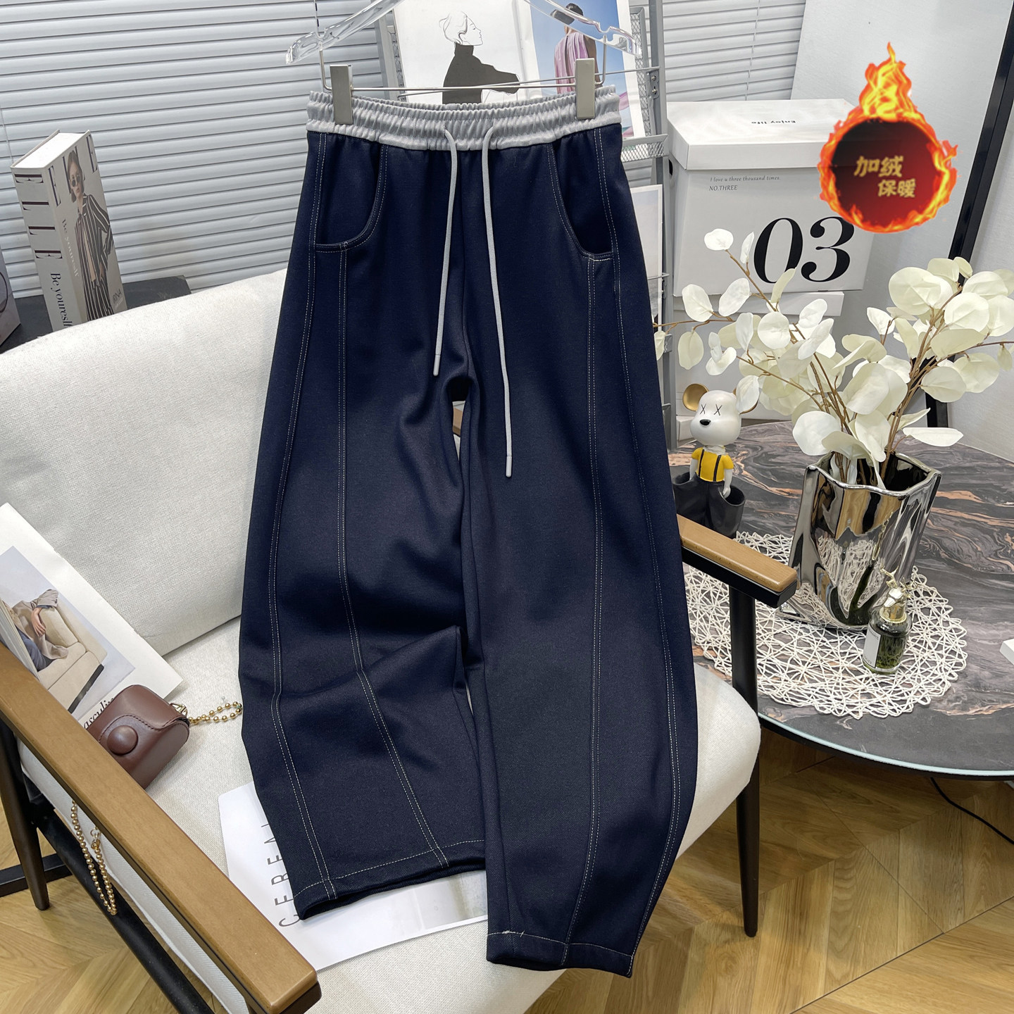 胡子叔大码女装冬季新款丹宁蓝加绒加厚牛仔裤女胖mm松紧腰阔腿裤,女装/女士精品,大码裤装,淘宝优惠券,粉丝福利购,淘宝优惠卷