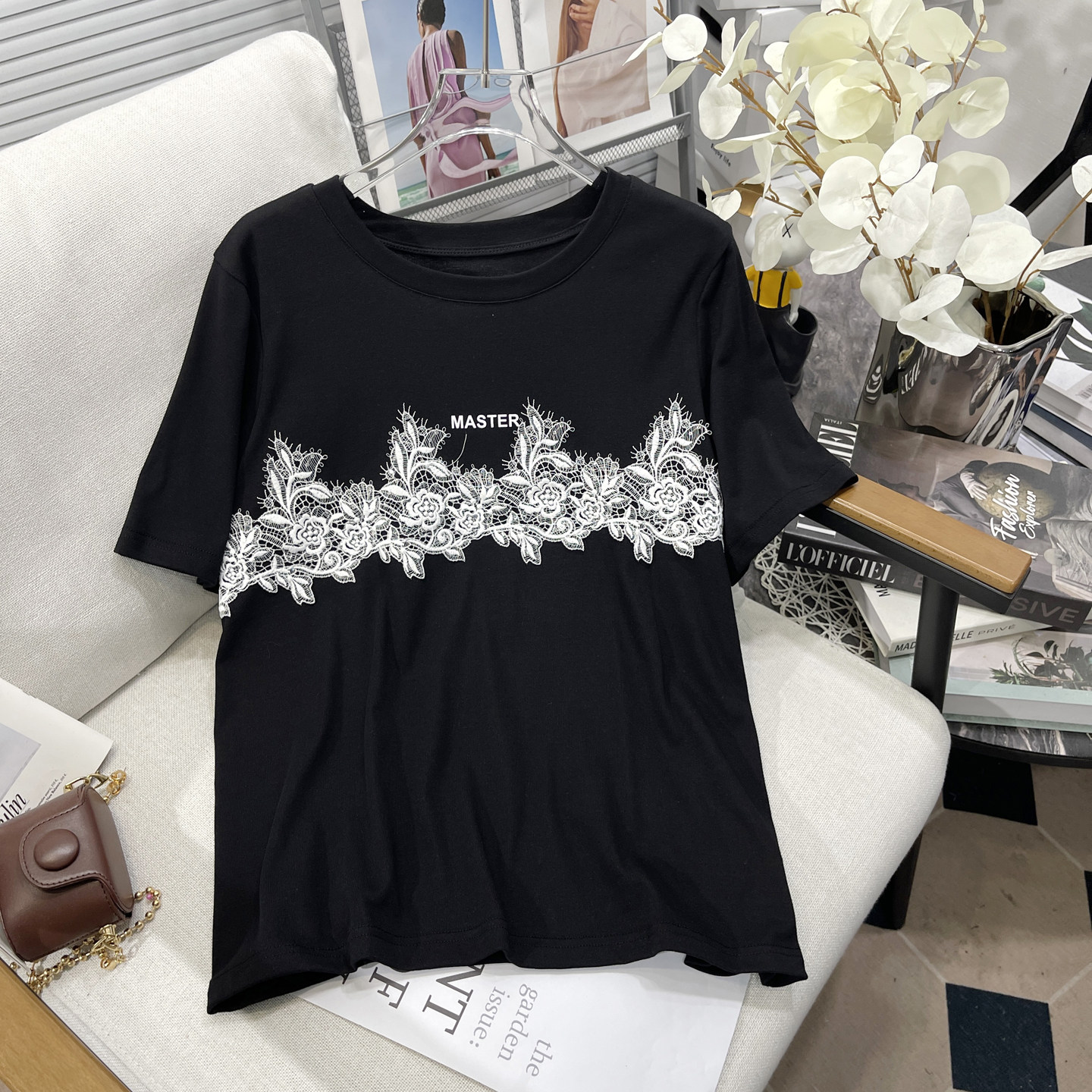 胡子叔大码女装夏季新欧货小衫圆领刺绣字母蕾丝亮片拼接短袖T恤