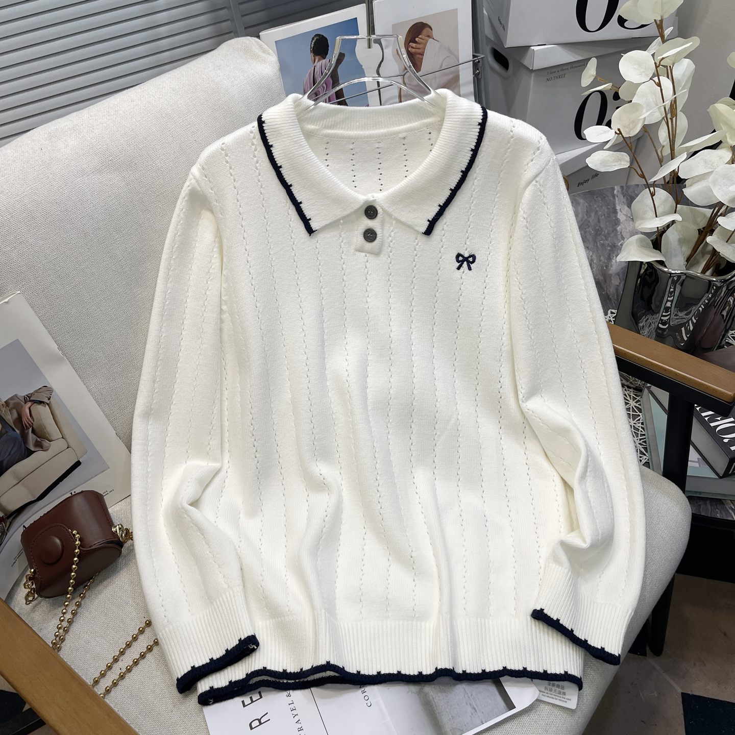 大码女装秋撞色polo领绞花针织衫
