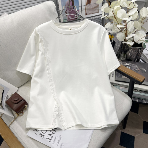 大码女装蕾丝花边开叉短袖T恤女