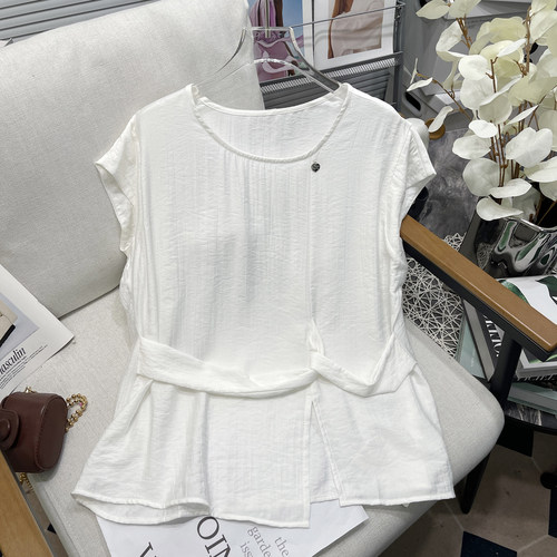 胡子叔大码女装夏季新款时尚小飞袖衬衫女胖mm气质显瘦圆领上衣潮
