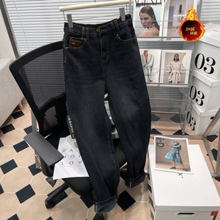 胖mm梨形身材裤 胡子叔大码 直筒老爹裤 女秋冬季 加绒加厚哈伦牛仔裤