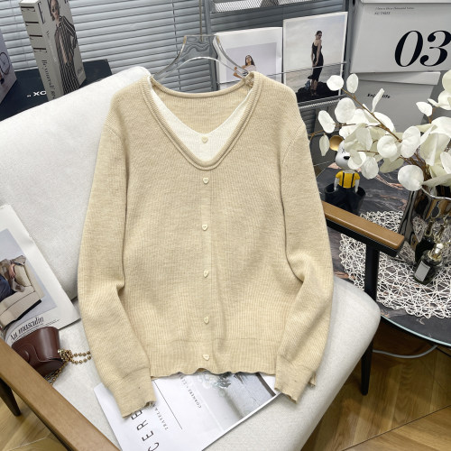 大码女装韩系慵懒风假两件针织衫