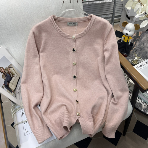 大码女装秋新款圆领纯色针织开衫