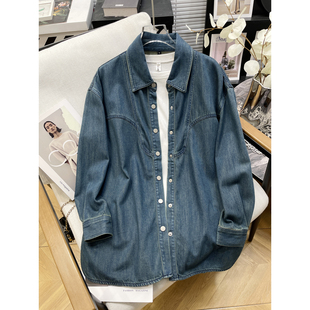 微胖大码女装春季新款牛仔衬衫外套女宽松长袖polo领显瘦上衣外穿