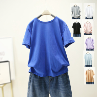 胖mm韩版 大码 新款 2023春季 百搭宽松显瘦休闲简约克莱因蓝T恤 女装