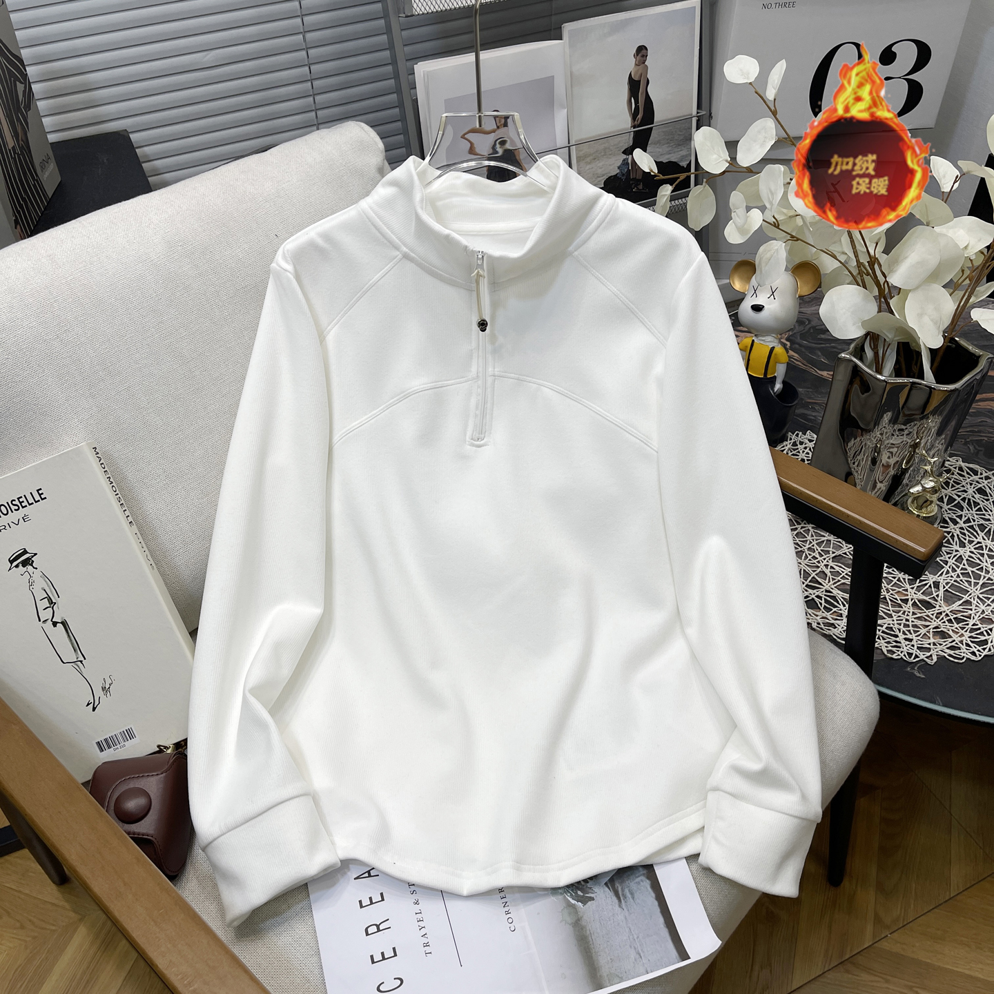 大码女装加厚磨毛半拉链长袖T恤