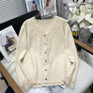 胡子叔大码女粉色蕾丝花边拼接v领针织开衫内搭女春秋季宽松上衣