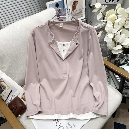 大码女装长袖假两件T恤女