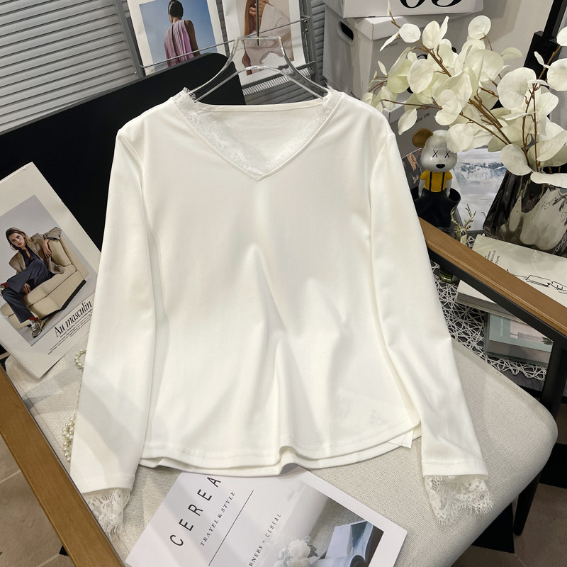 胡子叔大码女装2025春季新款v领内搭T恤女气质蕾丝拼接显瘦打底衫,女装/女士精品,大码内搭,淘宝优惠券,粉丝福利购,淘宝优惠卷