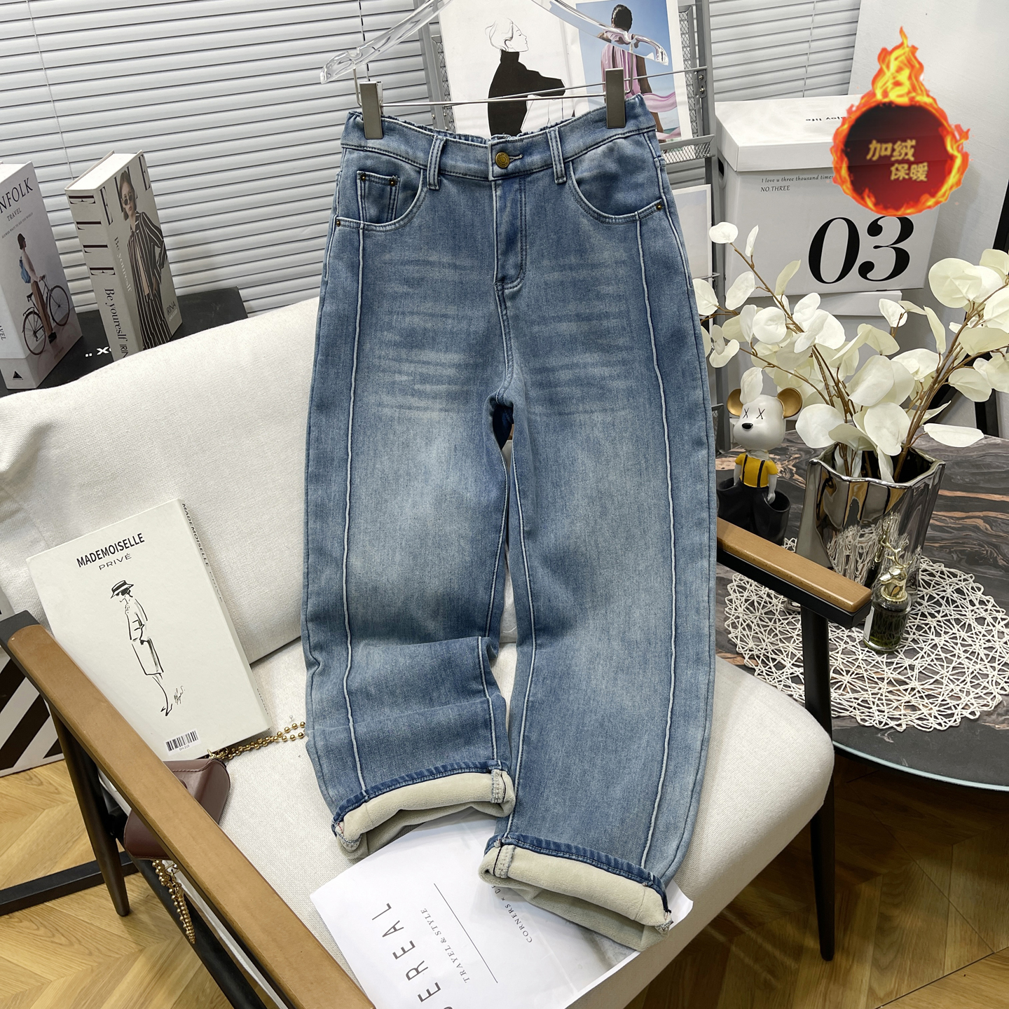 大码女装冬弹力直筒加绒牛仔裤