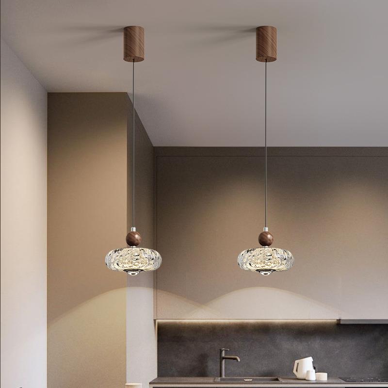 法式中古风卧室床头吊灯可升降胡桃木纹走廊过道书房间复古小吊灯