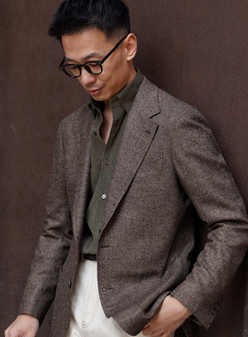 CM那不勒斯皇后Dormeuil棕咖鸟眼纹丝麻毛定制西服上衣199