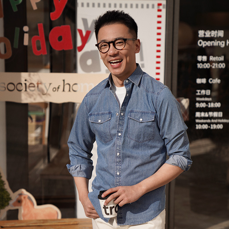 CM那不勒斯皇后中等蓝全棉重水洗牛仔意式休闲口袋工装衬衫