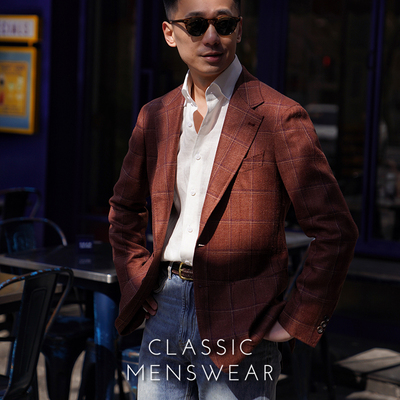 CM那不勒斯皇后 Loro春夏Summertime红橙黄窗格丝麻毛男士西装