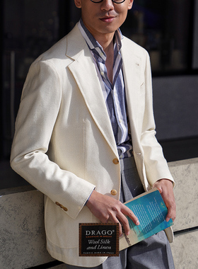 CM那不勒斯皇后意大利Drago米白人字纹丝麻毛混纺全麻衬单西260