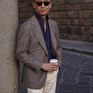 CM那不勒斯皇后Loro米棕小千鸟羊绒混纺精纺法兰绒全麻衬意式 单西