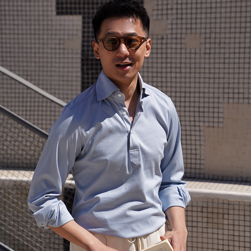 CM那不勒斯皇后天蓝丝麻棉大八字领半襟polo款定制长袖衬衫456