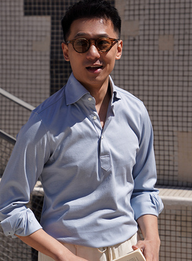 CM那不勒斯皇后天蓝丝麻棉大八字领半襟polo款定制长袖衬衫456