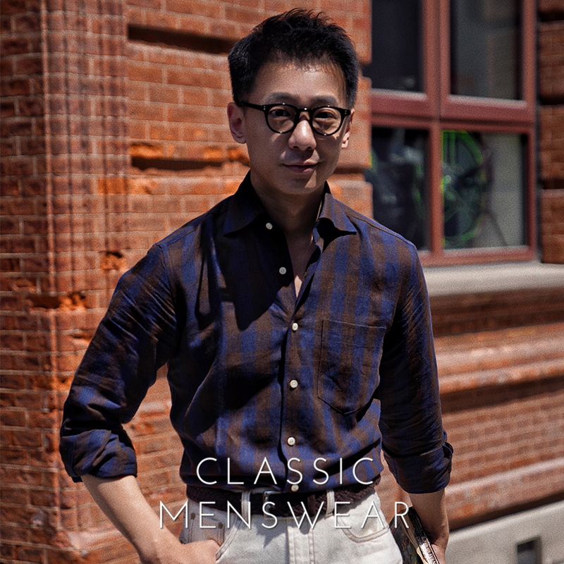 CM那不勒斯皇后意式棕蓝棋盘格纹全亚麻休闲男士长袖衬衫502