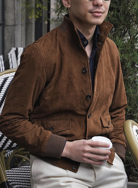 CM那不勒斯皇后烟草色头层绵羊翻绒羊皮经典A1飞行员立领夹克