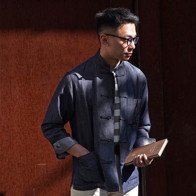 CM那不勒斯皇后经典牛仔丹宁棉麻混纺盘扣东方立领中式夹克54