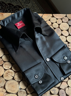 CM那不勒斯皇后黑色桑蚕丝三步手工一片领暗扣意式休闲男士衬衫28