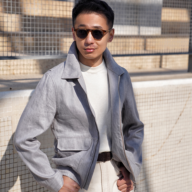 CM那不勒斯皇后春夏水泥灰蓝棉麻混纺牛仔A2飞行员立领夹克59