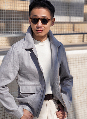 CM那不勒斯皇后春夏水泥灰蓝棉麻混纺牛仔A2飞行员立领夹克59