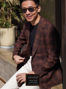 CM那不勒斯皇后意大利Drago棕橙色大窗格丝麻毛全麻衬单西330