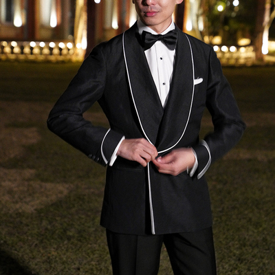 CM那不勒斯皇后午夜黑蓝毛麻混纺青果领双排扣晚宴礼服上衣297