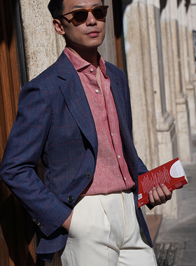 CM那不勒斯皇后英产Harrisons蓝色大窗格丝麻毛混纺定制西装37