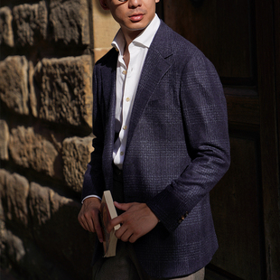 CM那不勒斯皇后Piacenza海军蓝窗格丝羊绒混纺全麻衬西服单西642