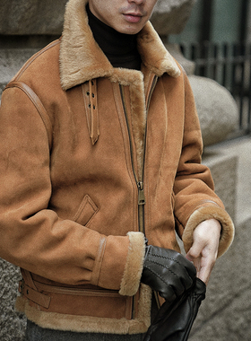 CM那不勒斯皇后棕黄色法国羔羊皮皮毛一体B3飞行员立领夹克