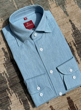 CM那不勒斯皇后淡蓝色全棉水洗牛仔意式八字领暗扣商务男士衬衫