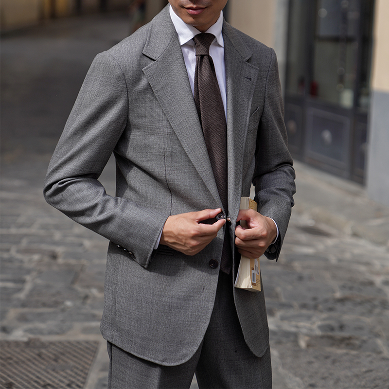 CM那不勒斯皇后中灰亲王格精纺全羊毛全麻衬男士休闲西服套装481