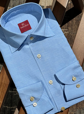 CM那不勒斯皇后LP world of shirts系列淡蓝高支棉麻三步手工衬衫