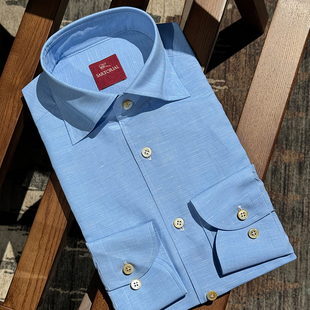 CM那不勒斯皇后LP world of shirts系列淡蓝高支棉麻三步手工衬衫