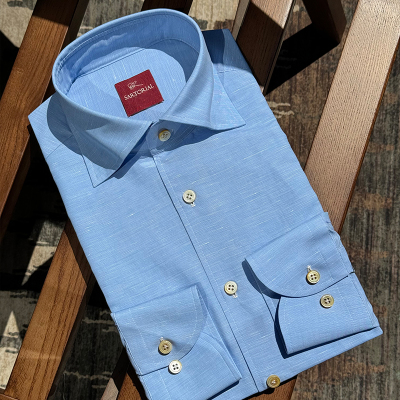 CM那不勒斯皇后LP world of shirts系列淡蓝高支棉麻三步手工衬衫