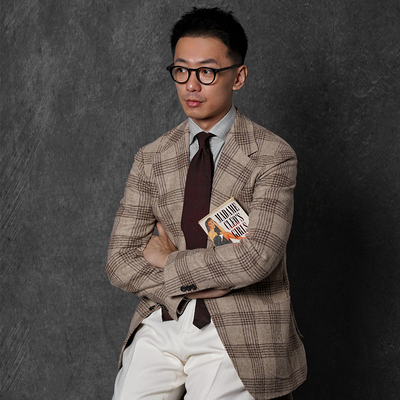 CM那不勒斯皇后意式Ferla羊驼绒混纺奶咖窗格圈圈纱全麻衬西装262